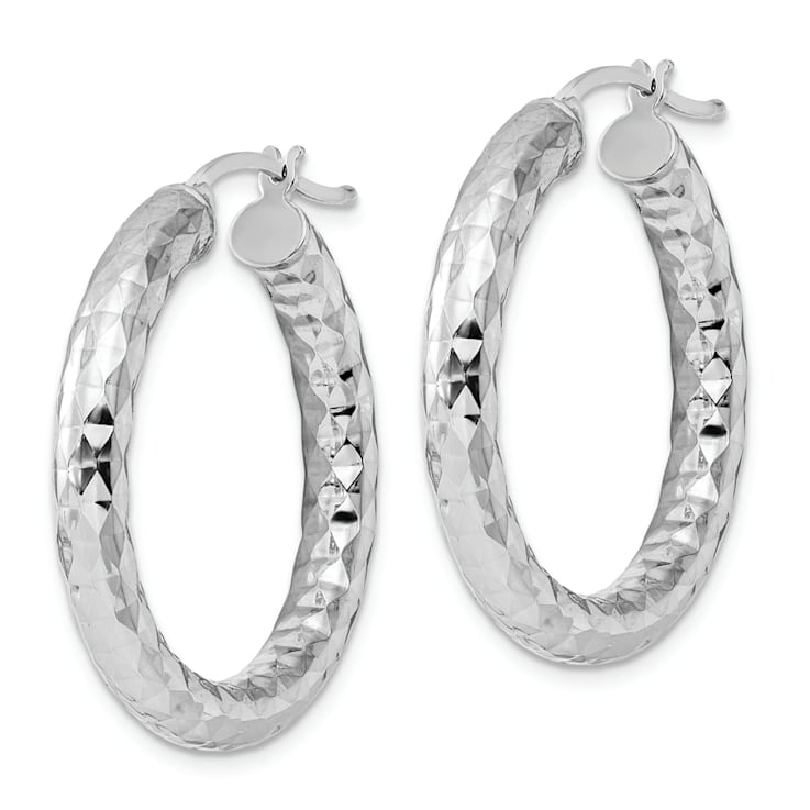 Rhodium Over Sterling Silver 4.00mm Diamond-cut Hoop Earrings