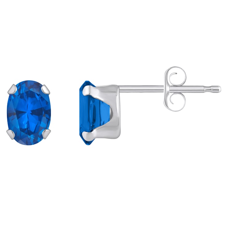 6x4mm Oval Lab Created Sapphire Rhodium Over 10k White Gold Stud Earrings