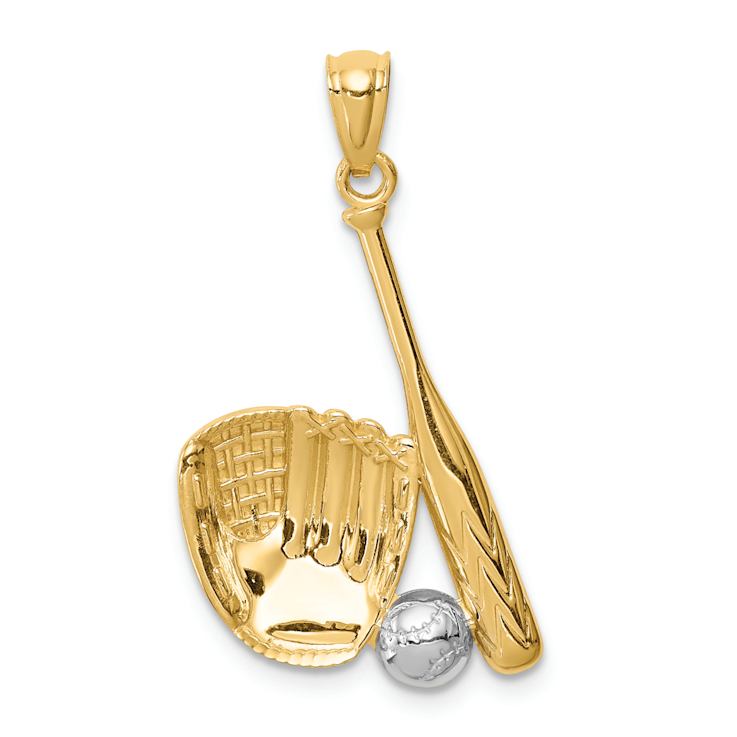 14k Two-tone Gold Textured Baseball Glove Bat Ball Pendant