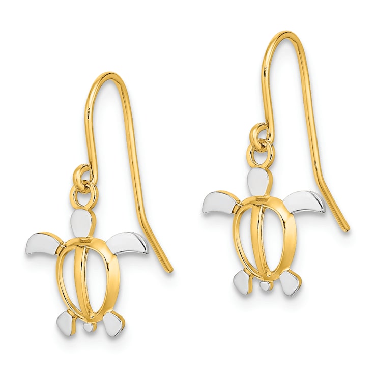 14K Yellow Gold and Rhodium Over 14K Yellow Gold Sea Turtle Dangle Earrings