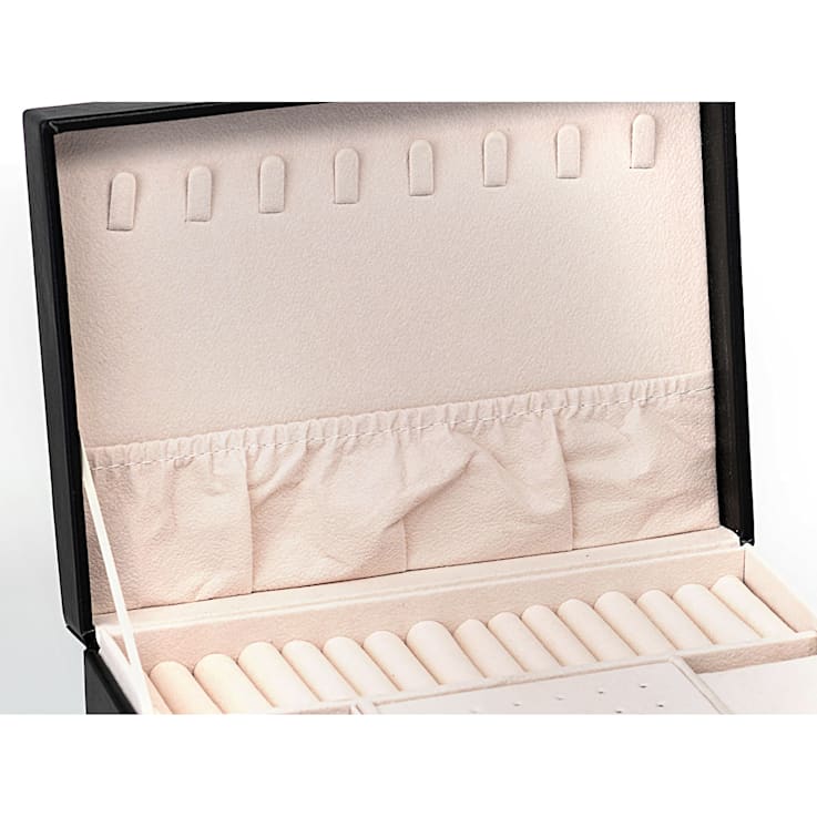 Lockable Black Faux Leather Jewelry Box with 2 Drawers and Lid Storage