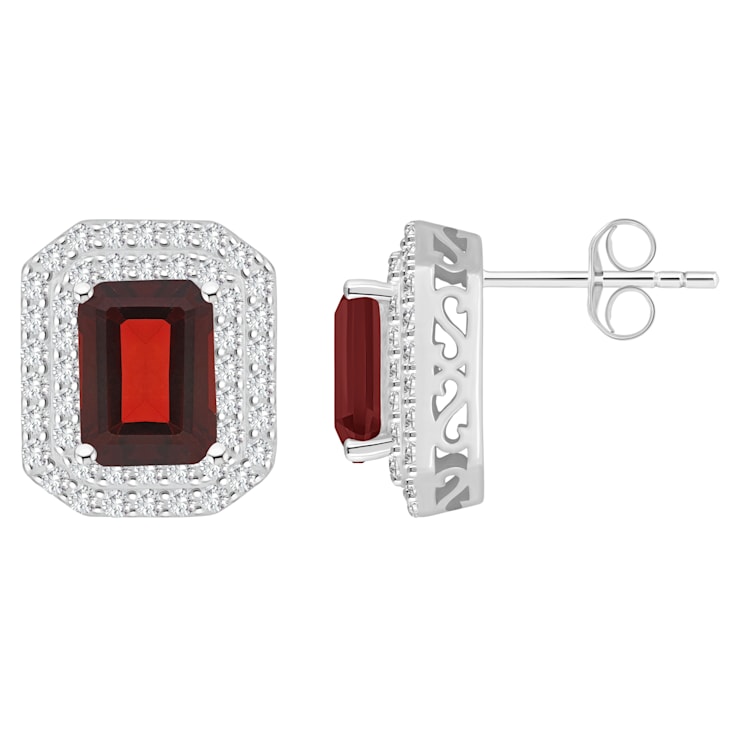8x6mm Emerald Cut Garnet And White Topaz Accent Rhodium Over Sterling
Silver Double Halo Earrings