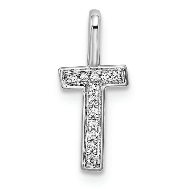 14K White Gold Diamond Letter T Initial Pendant