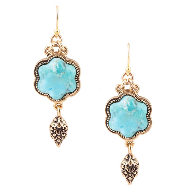 Barse Jewelry 15mm Blue Turquoise Gold Tone Flower Drop Earrings
