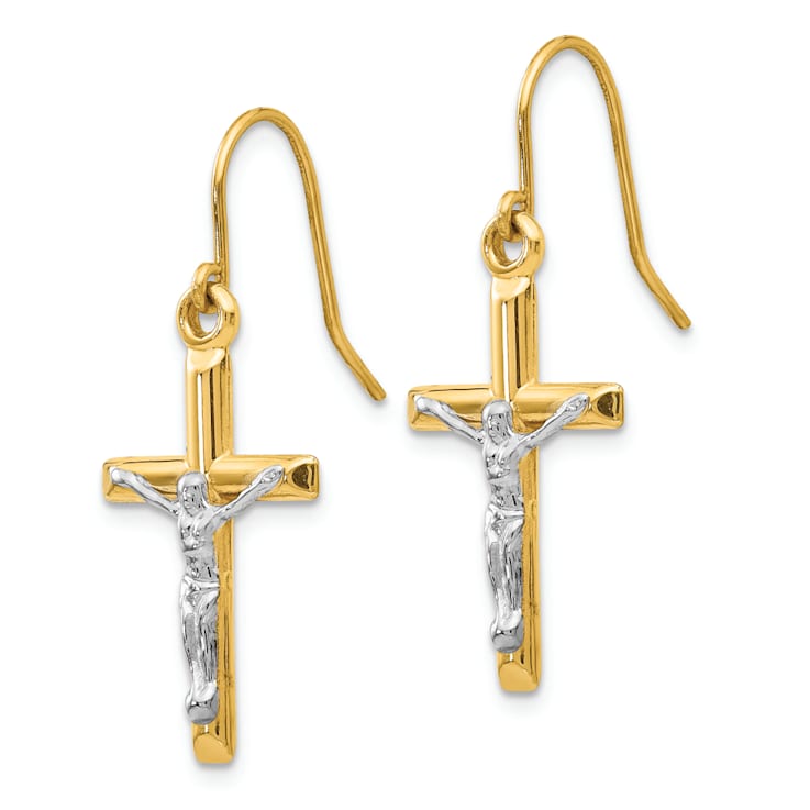 14k Yellow Gold and 14k White Gold Polished Crucifix Dangle Earrings