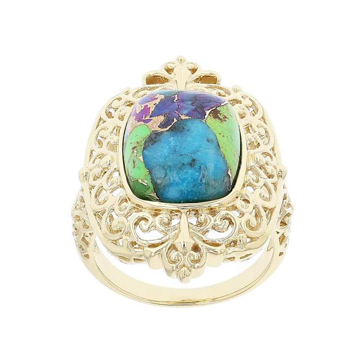 Multi-Color Blended Turquoise and Filigree Ring In 18K Gold Over
Sterling Silver 14x11mm