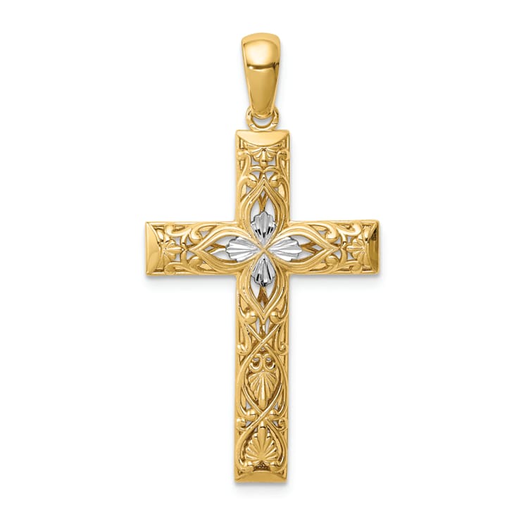 Rhodium Over 14K Two-tone Gold Diamond-cut Cross Pendant
