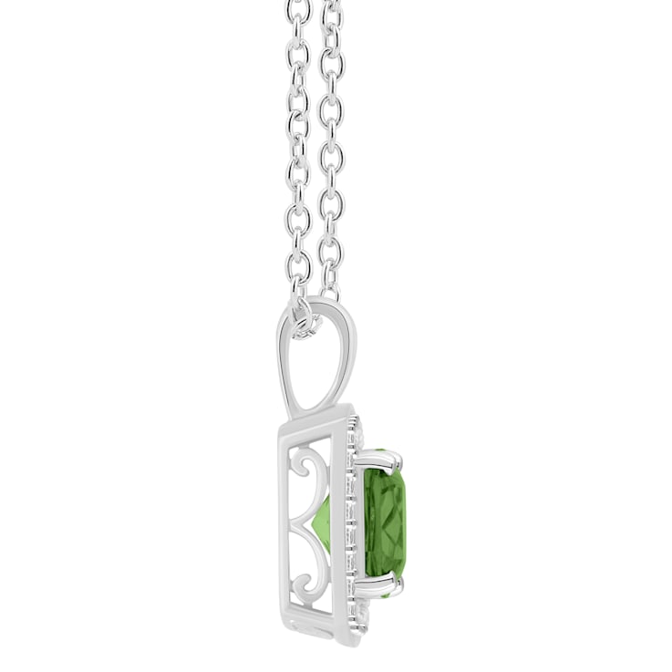 7mm Cushion Peridot 1/7 ctw Diamond Rhodium Over Sterling Silver Halo
Pendant with Chain