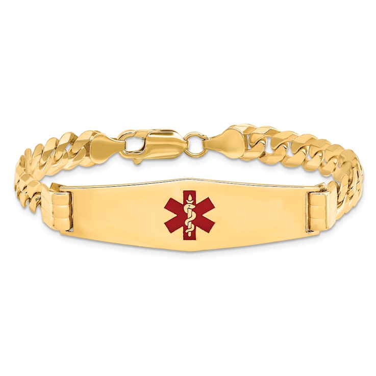 14k Yellow Gold Medical Soft Diamond Shape Red Enamel Curb Link ID Bracelet