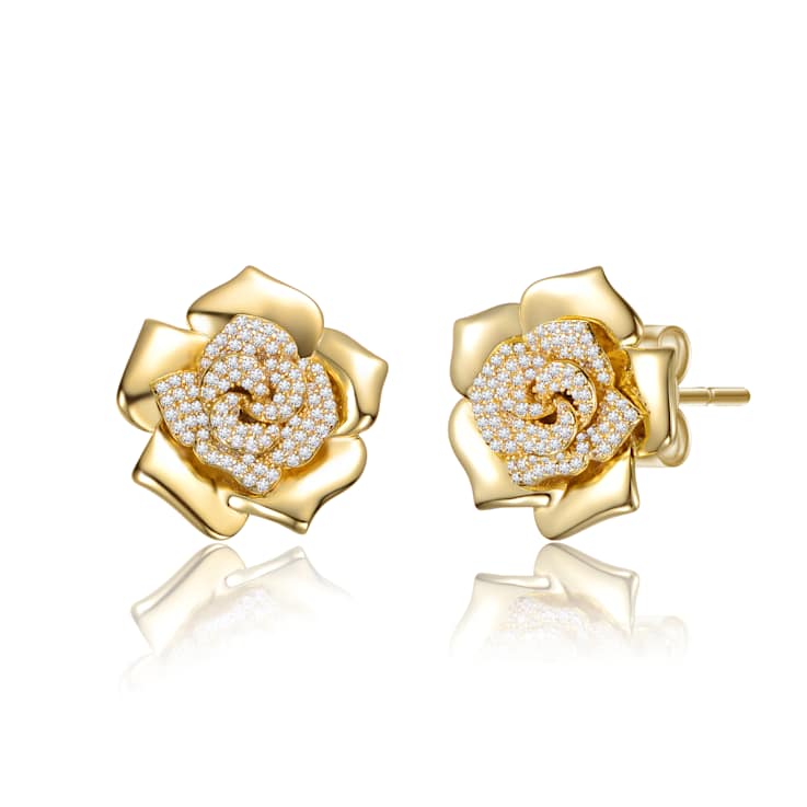Pave CZ Flower Stud Earrings In 14K Gold Over Brass