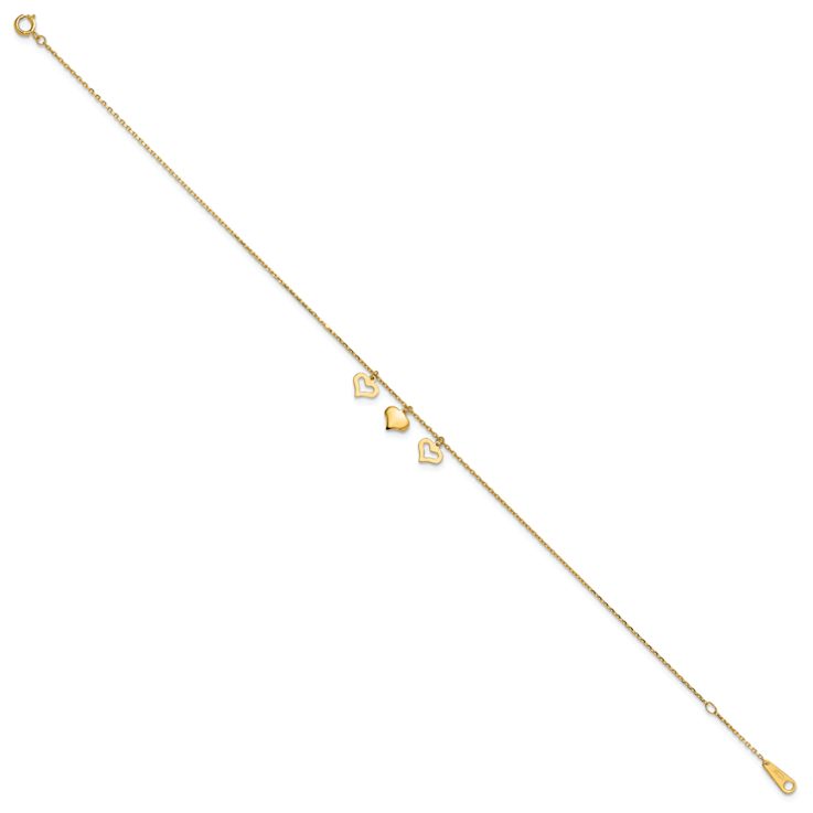 10k Yellow Gold 3 Hearts Charm Cable Link Anklet