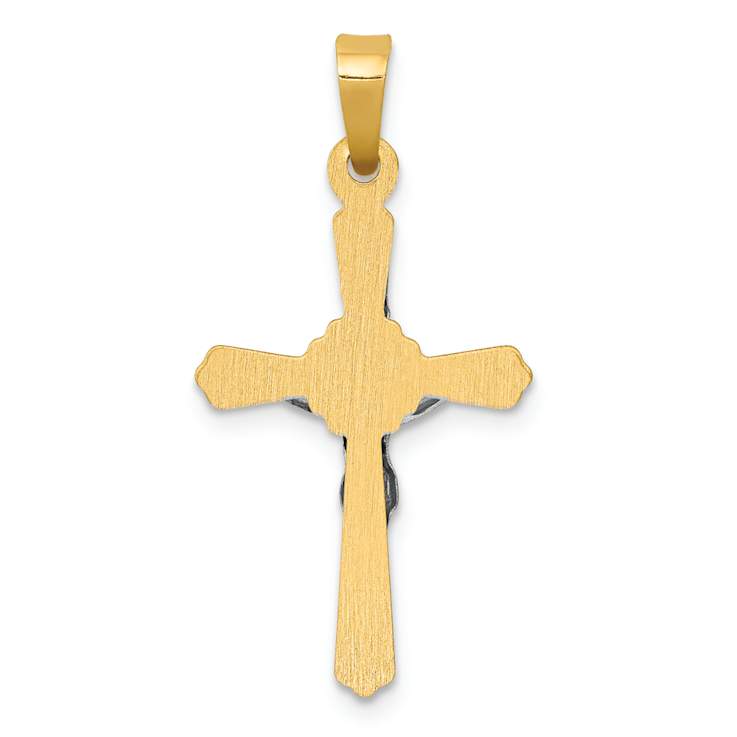 14K Two-tone Gold Polished Brushed Flower Center INRI Crucifix Pendant