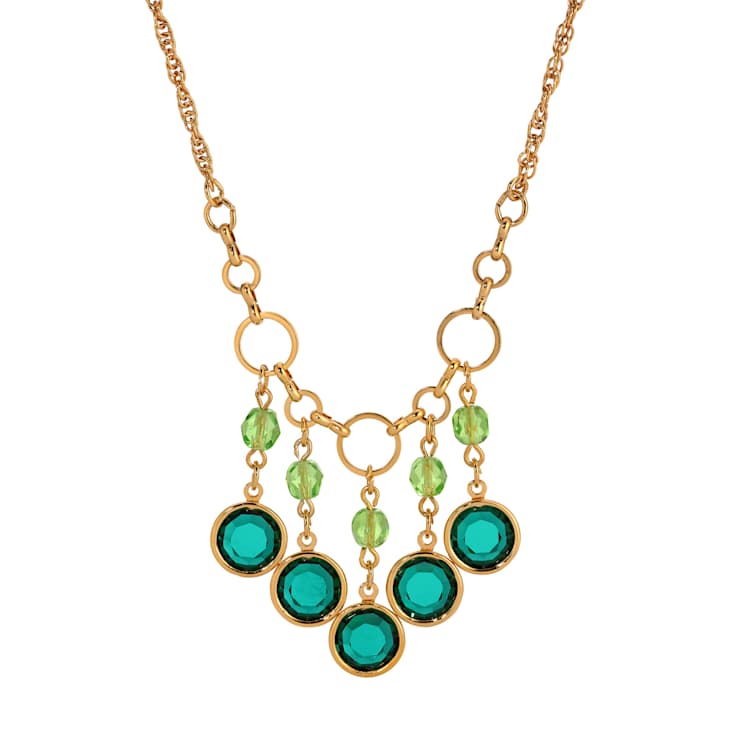 Yellow Base Metal Green Crystal Channel Set Bib Necklace 16 inch Adj.