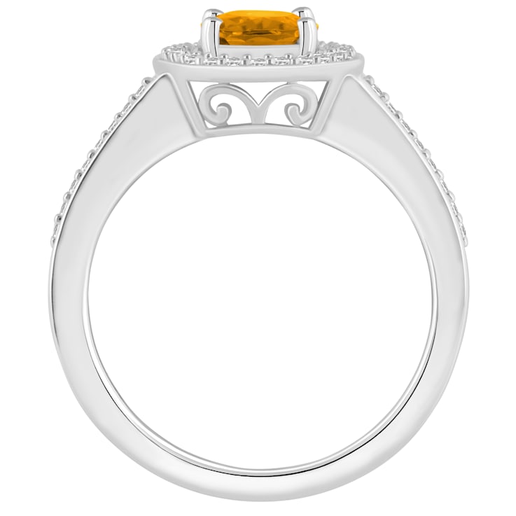 8x6mm Oval Citrine 1/5 ctw Diamond Rhodium Over Sterling Silver Halo Ring