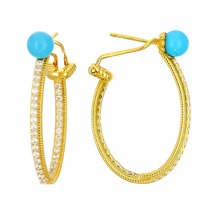 Pave White Zircon and Turquoise Hoop Earrings In 18K Gold Over Sterling
Silver 0.34ctw