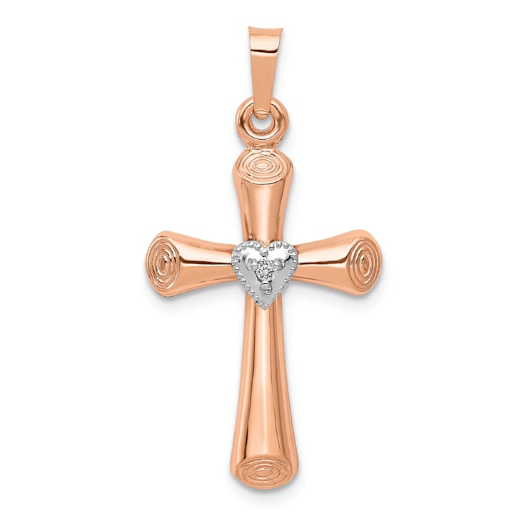 14k Rose Gold and 14k White Gold Diamond Latin Cross with Heart Pendant