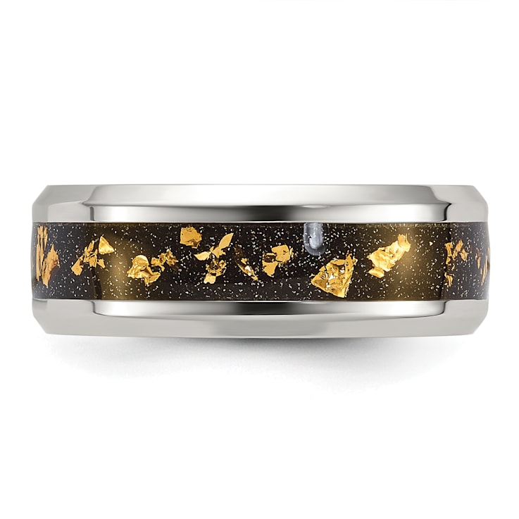 Stainless Steel Polished with Black and Gold Foil Inlay 8mm Band