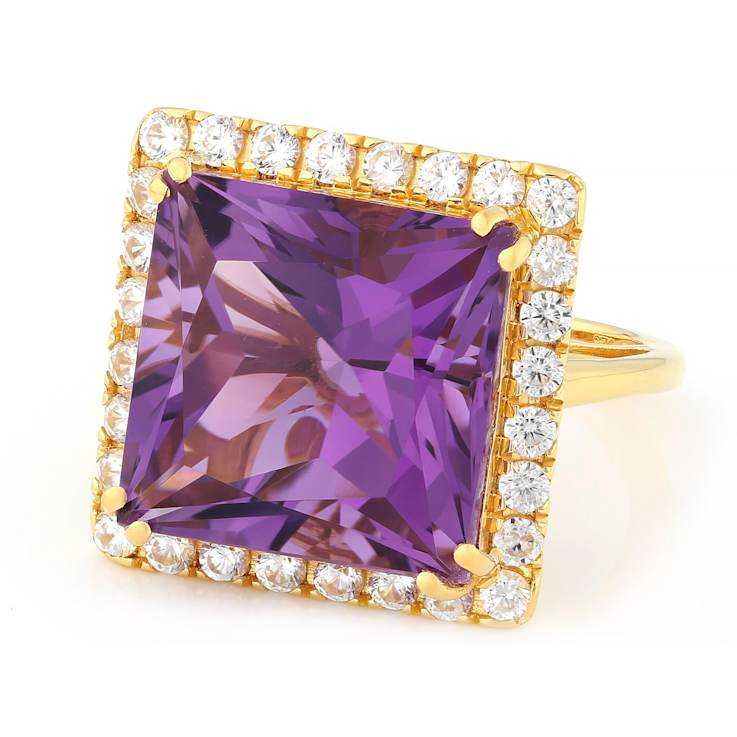 Amethyst Princess Cut And White Zircon Ring In 18K Gold Over Sterling
Silver 11.40ctw