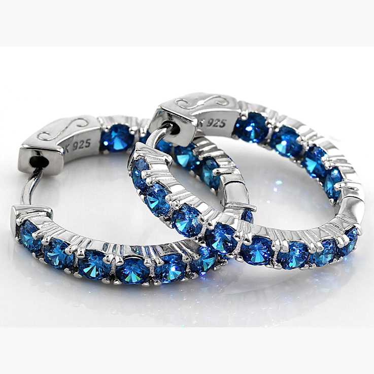 Neon Blue CZ Hoop Earrings In Sterling Silver