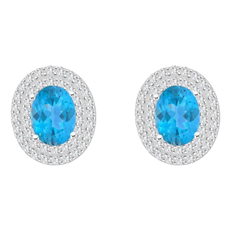 8x6mm Oval Swiss Blue Topaz And White Topaz Rhodium Over Sterling Silver
Double Halo Stud Earrings