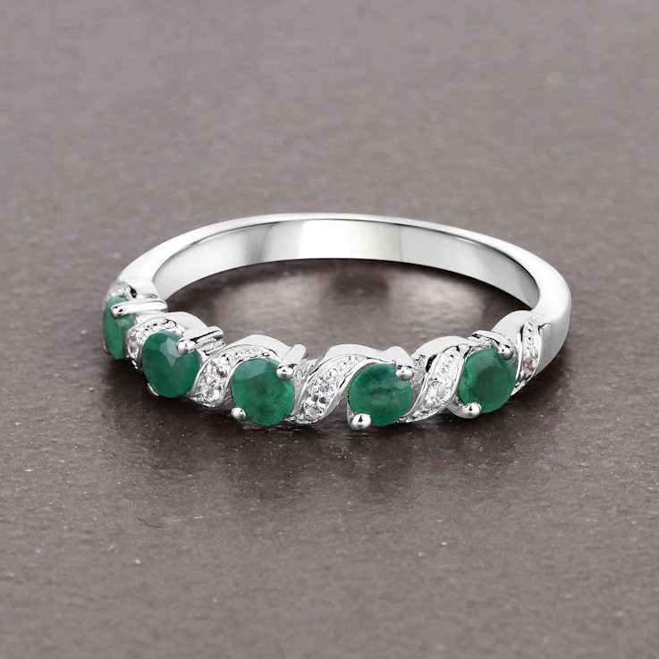 Green Emerald and White Topaz Sterling Silver 5 Stone Band Ring