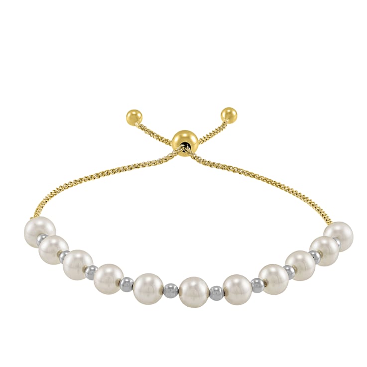 White Freshwater Pearl and Metal Bead 14K Yellow Gold Over Sterling
Silver Bolo Bracelet