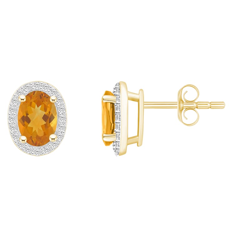 7x5mm Oval Citrine And Created White Sapphire 10k Yellow Gold Halo Stud Earrings