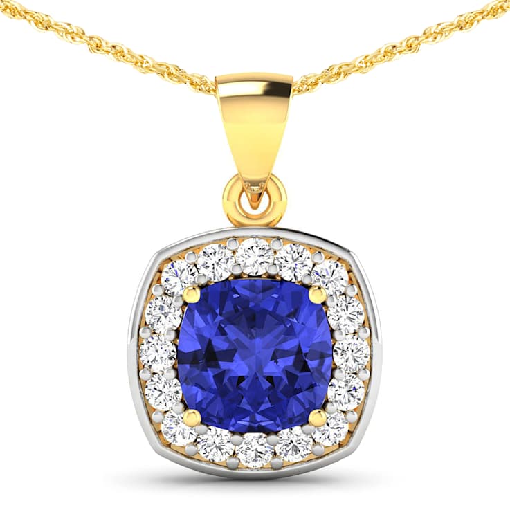 2.10ctw 14K Yellow Gold Tanzanite and White Diamond Pendant with 18 inch
Cable Chain