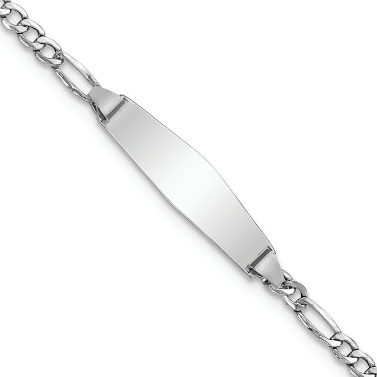Rhodium Over 14k White Gold Semi-solid Soft Diamond Shape Figaro Link ID Bracelet