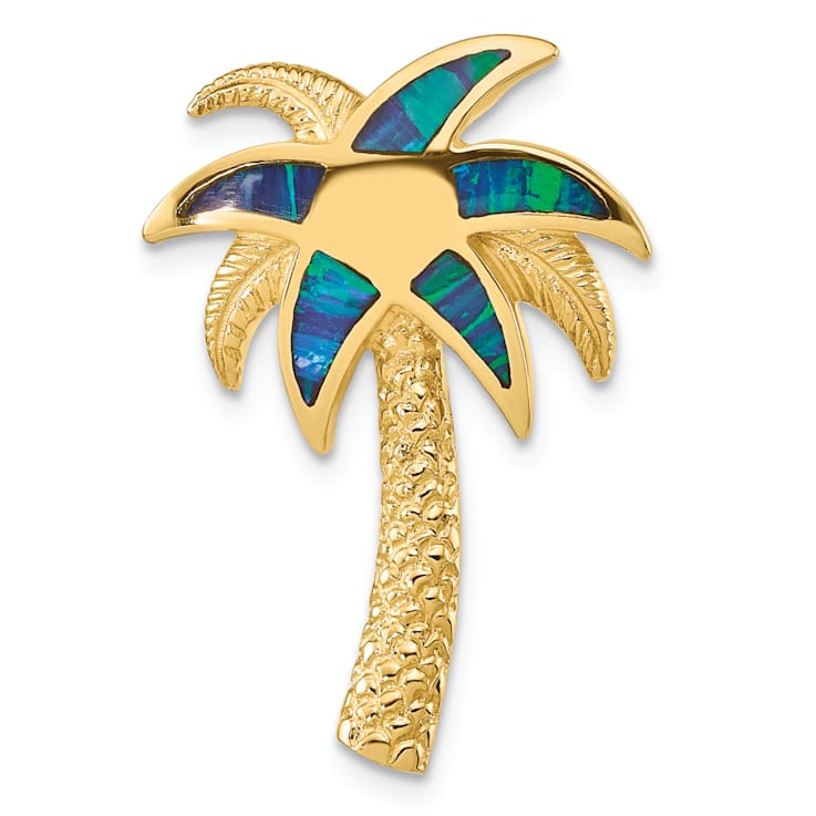 14k Yellow Gold Textured Lab Created Opal Palm Tree Slide