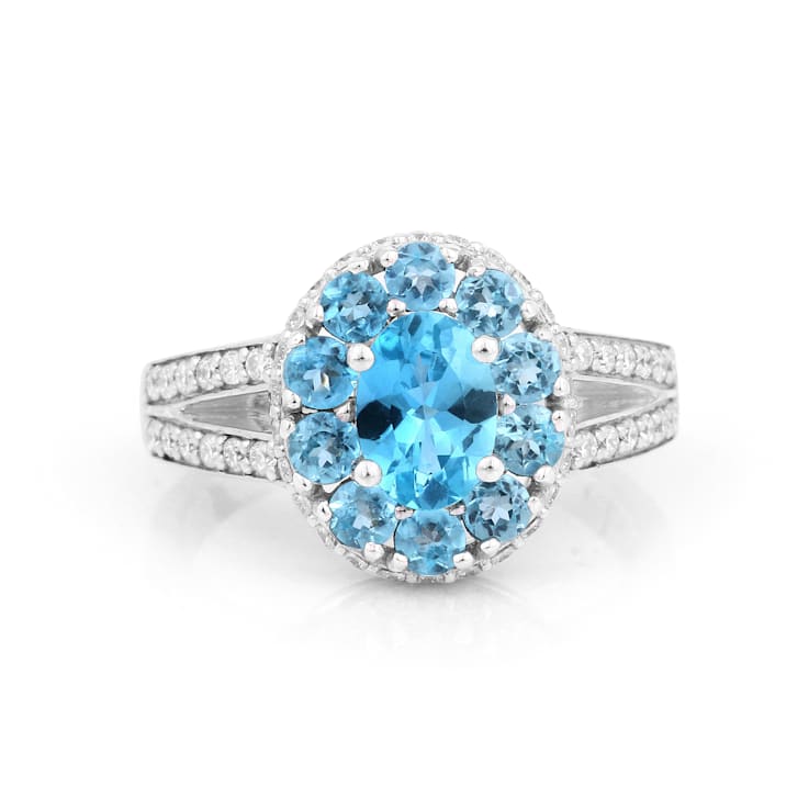 Paraiba Blue Apatite with Moissanite Accents Rhodium Over Sterling
Silver Halo Ring Blue Jewelry