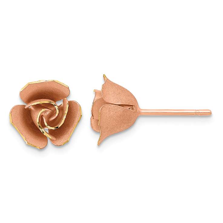 14k Rose Gold Satin Finish and Diamond-Cut 9.2mm Rose Stud Earrings