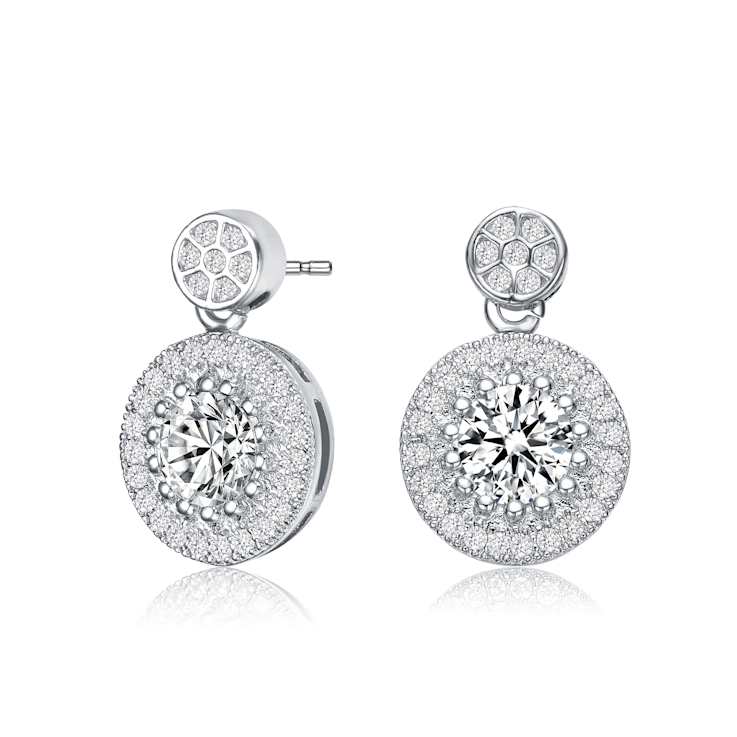 CZ Halo Drop Earrings In Sterling Silver