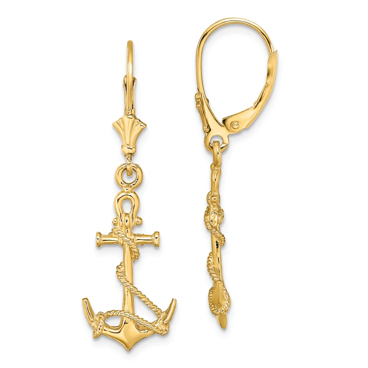 14k Yellow Gold 3D Textured Anchor with Shackle and Entwined Rope Dangle Earrings