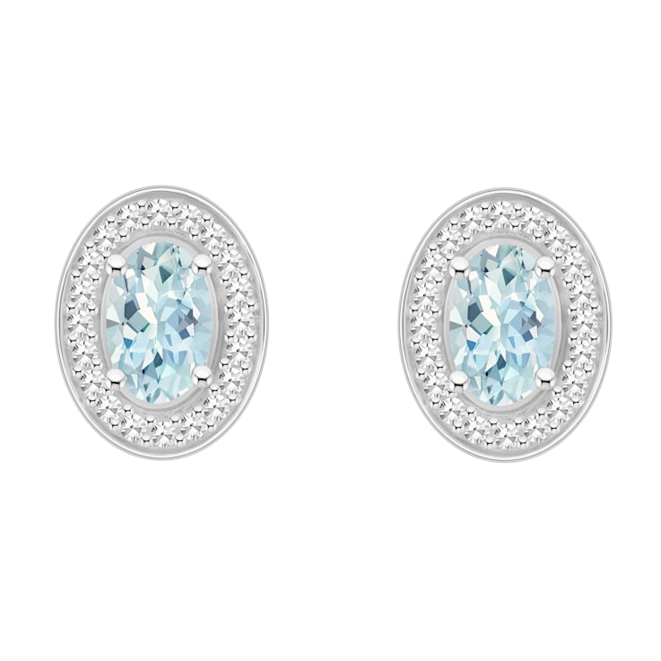 6x4mm Oval Aquamarine 1/5 ctw Diamond Rhodium Over Sterling Silver Halo
Stud Earrings