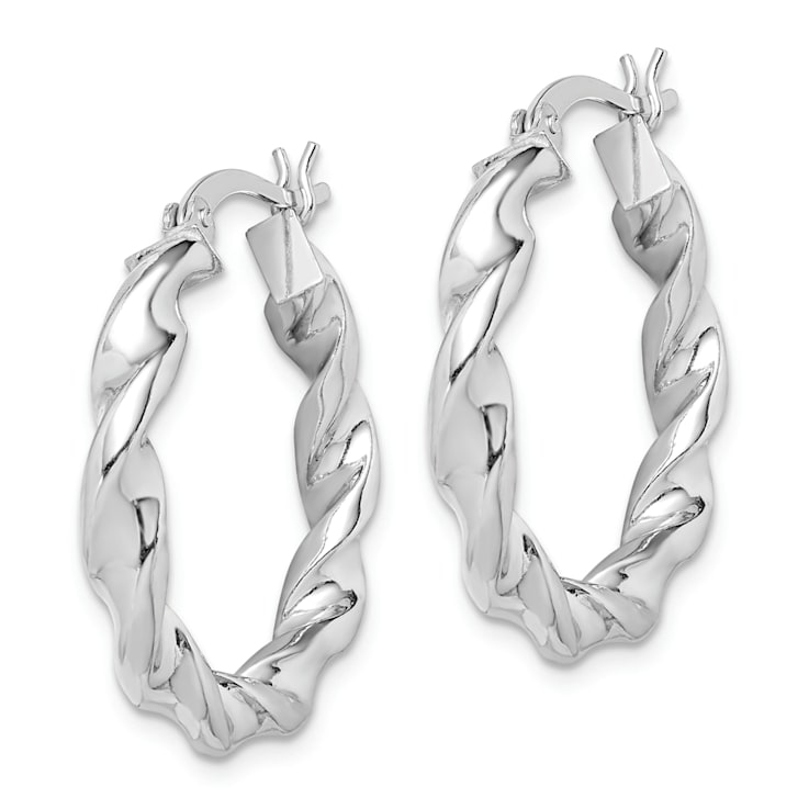Rhodium Over Sterling Silver Twisted 3.5x25mm Hoop Earrings