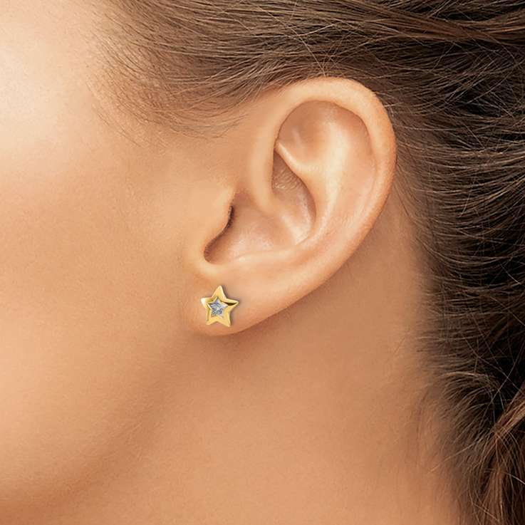 14k Two-tone Polished and Textured Star Stud Earrings