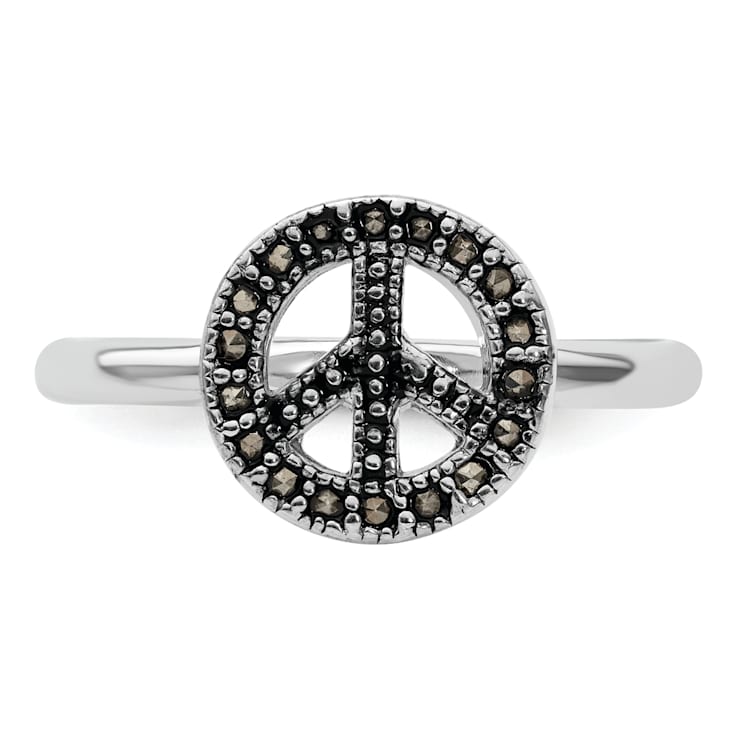 Rhodium Over Sterling Silver Stackable Expressions Marcasite Peace Sign Ring