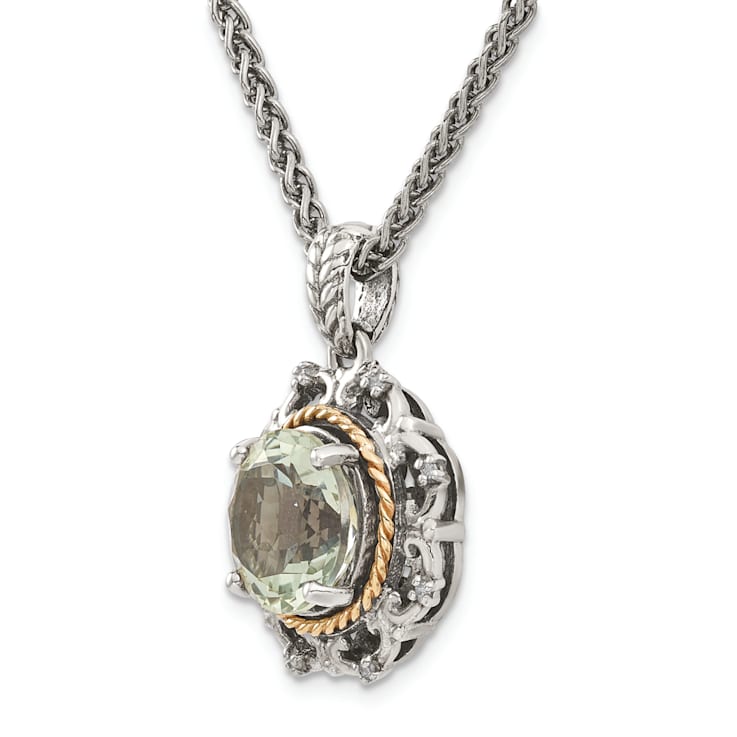 Sterling Silver with 14K Accent Antiqued Green Quartz and Diamond Necklace