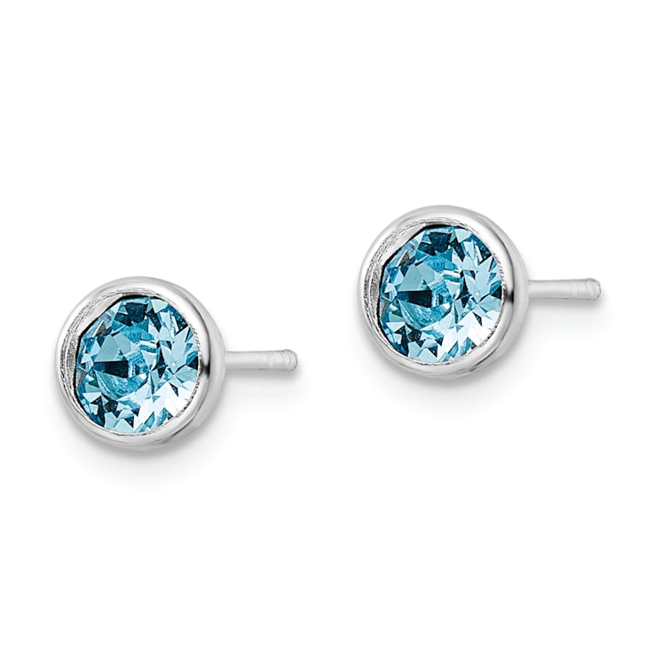 Rhodium Over Sterling Silver Polished Blue Crystal Bezel Stud Earrings
