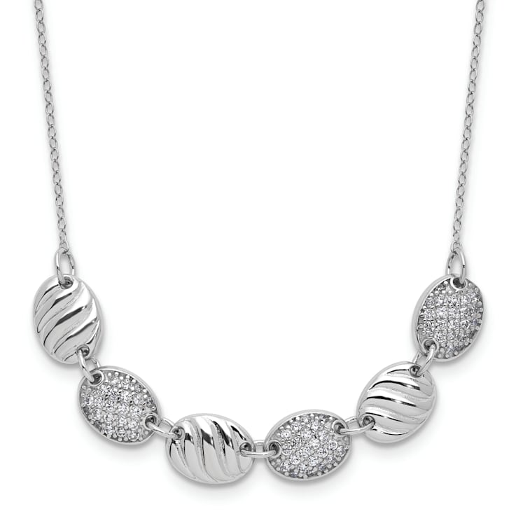 Rhodium Over Sterling Silver Polished and Grooved Cubic Zirconia Ovals Necklace