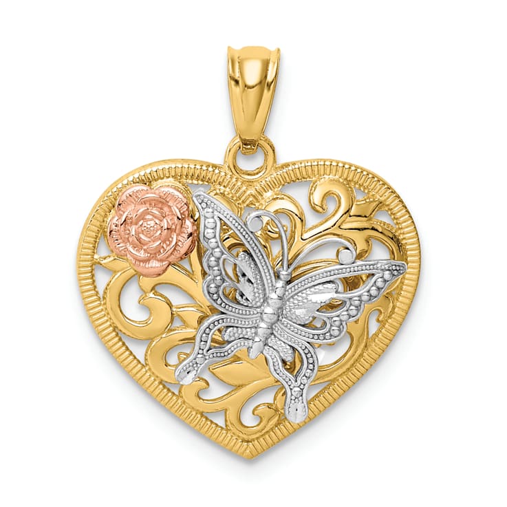 14k Tri-color Gold Textured Butterfly Heart Pendant