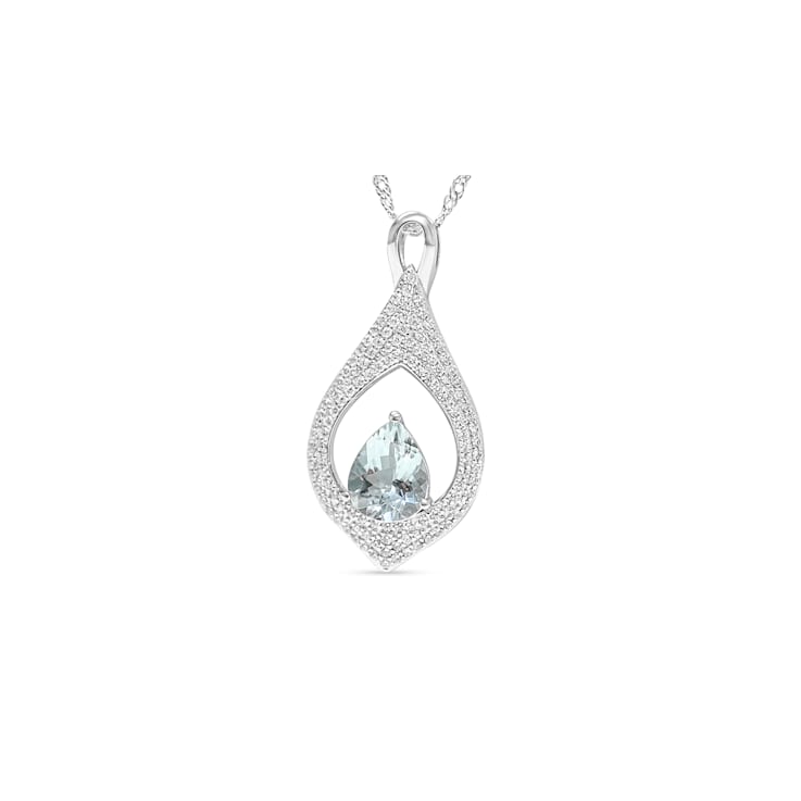 Pear Aquamarine and Cubic Zirconia Rhodium Over Sterling Silver Pendant
with chain, 1.94ctw