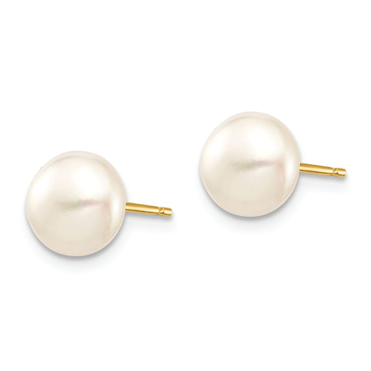 14k Yellow Gold 7.32mm White Button Freshwater Cultured Pearl Stud Earrings