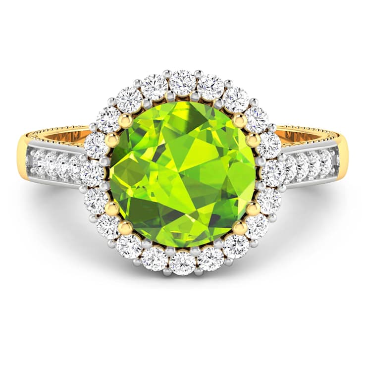 Round Green Peridot and Diamond 14K Yellow Gold Halo Ring 3.14 ctw