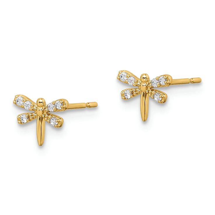 14K Yellow Gold Cubic Zirconia Dragonfly Post Earrings