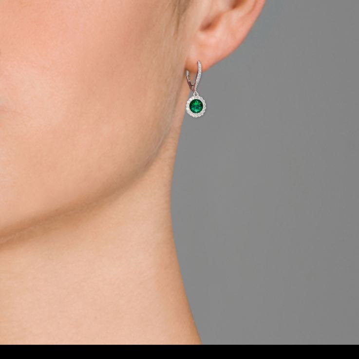 Emerald Color CZ Halo Drop Earrings In Sterling Silver