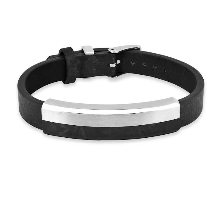 Mens Black Leather, Stainless Steel and Carbon Fiber Bracelet