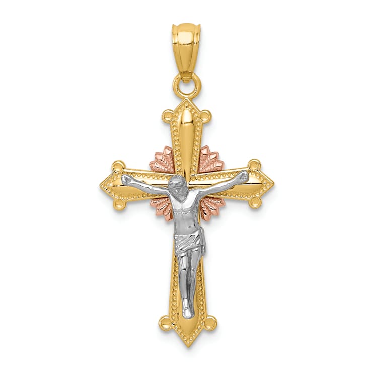 14k Tri-color Gold Polished and Textured Crucifix Pendant