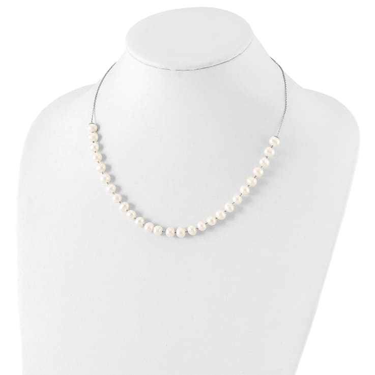 Rhodium Over Sterling Silver 7-8mm White Freshwater Cultured Pearl
Earring/Necklace Set